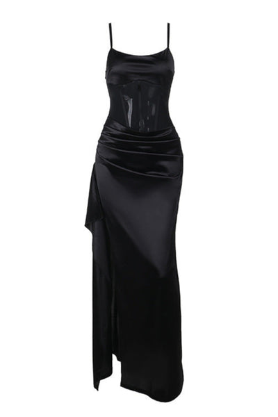 Black Stretchy Satin Boned Corset Mesh Sexy Slit Maxi Party Dress