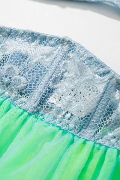 Blue Green Wired Bra Boned Corset Tutu Thong Garter Sexy 5Pc Lingerie Set