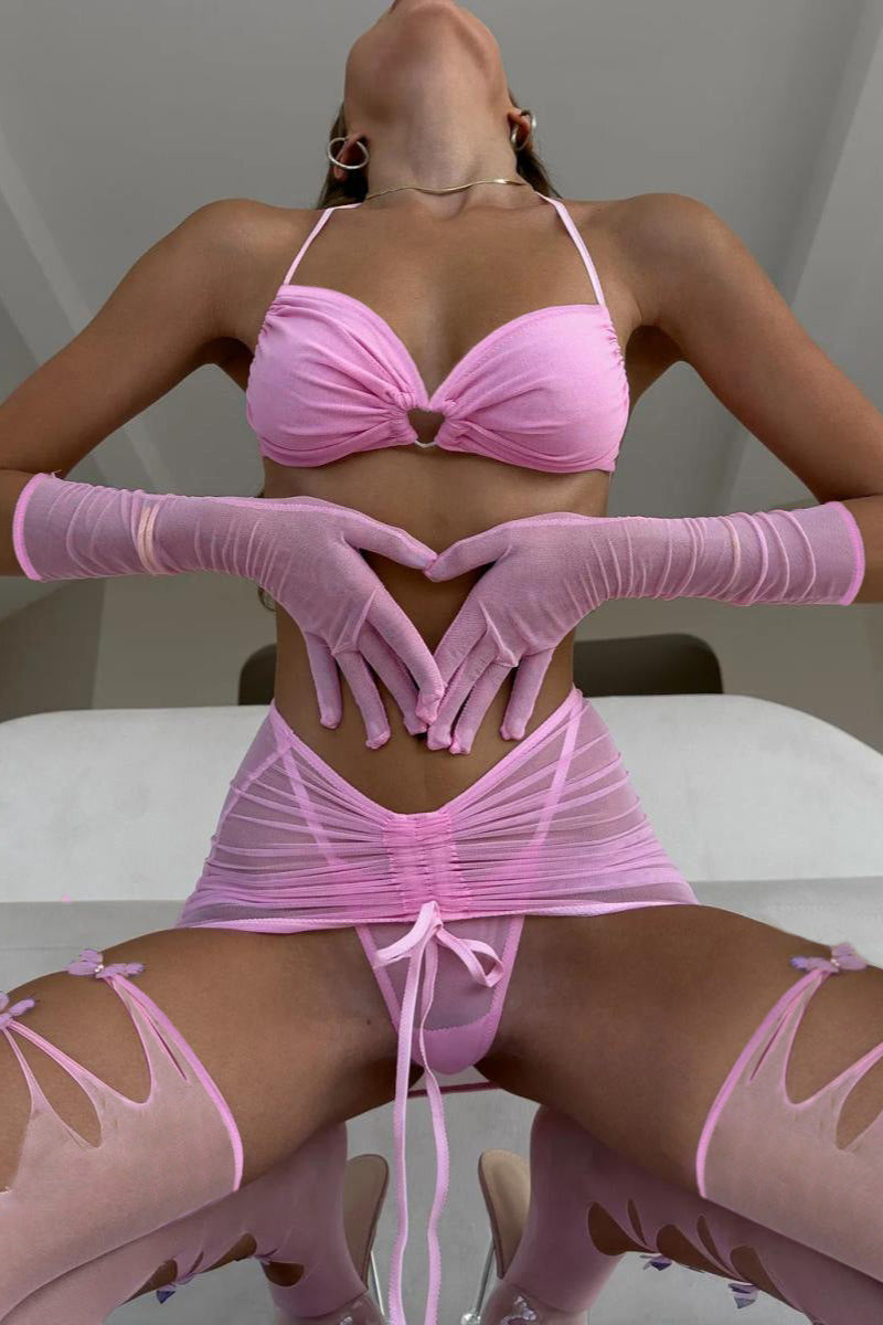 Pink Mesh Heart Ring Gloves Butterfly Stockings Thong Sexy 7Pc Lingerie Set
