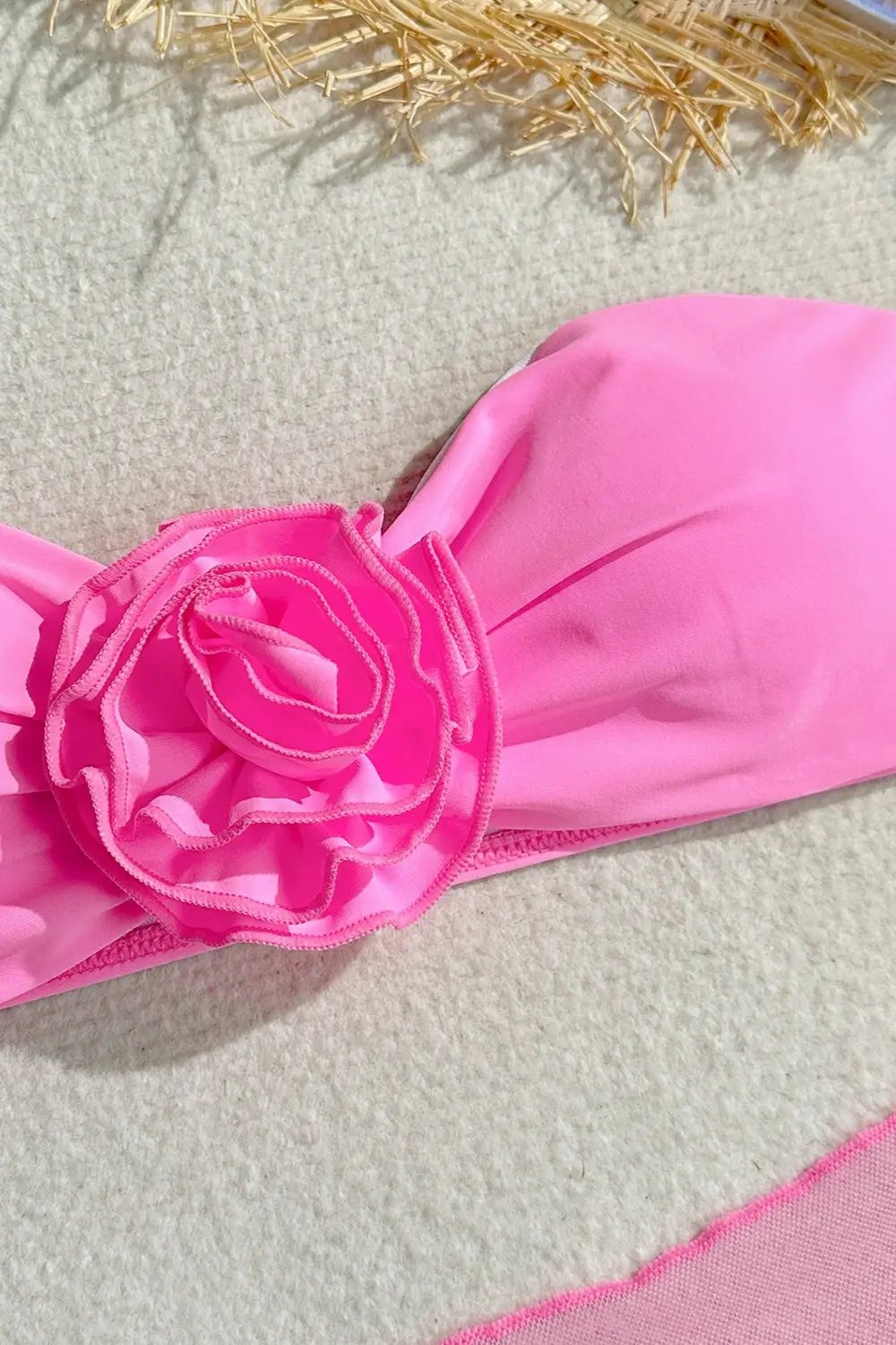 Pink 3D Flower Rosette Bandeau Cheeky Mesh Cover-Up Sexy 3Pc Swimsuit Set