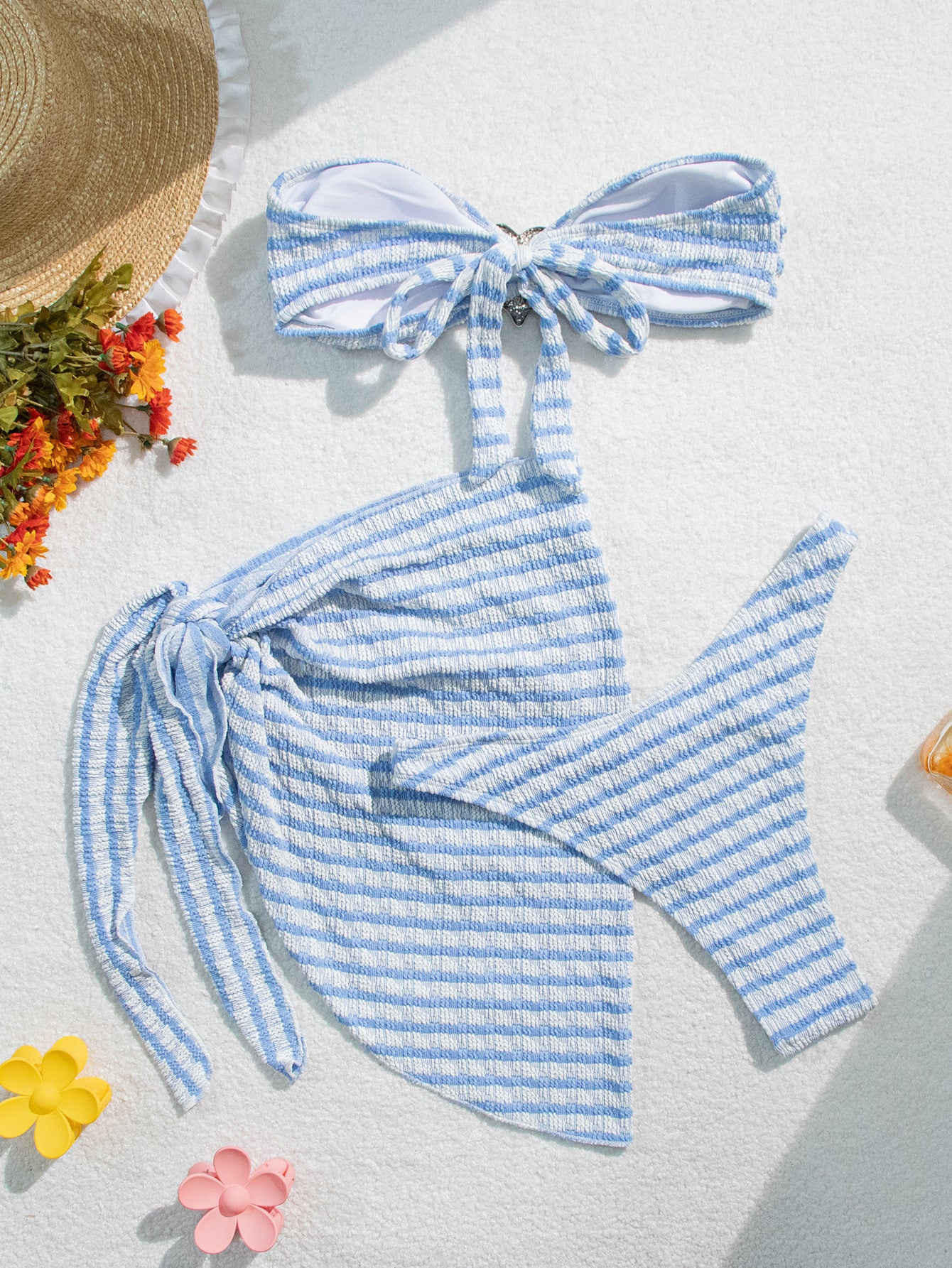 Blue White Stripe Textured Silver Heart Buckle Bandeau Cover-Up 3Pc Swimsuit Set
