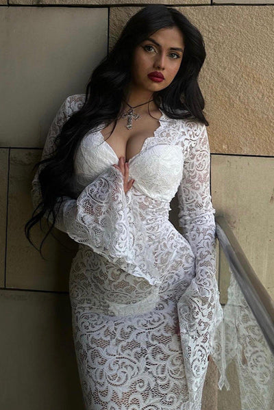 White Lace V-Neck Flare Sleeve Sexy Full Length Maxi Dress