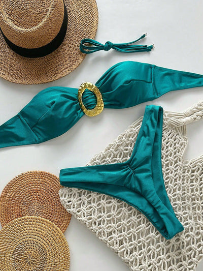 Jade Green Gold Decor Bandeau Ruched Butt Thong Sexy 2Pc Swimsuit Bikini