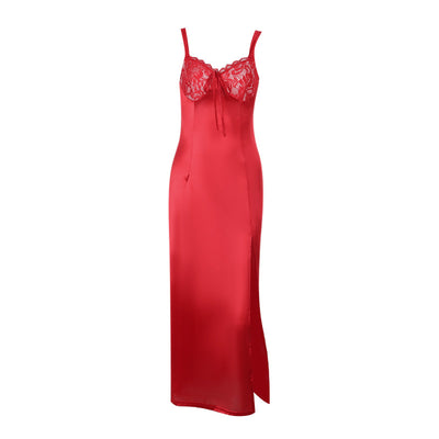 Red Stretchy Satin Lace Sexy High Slit Maxi Party Dress