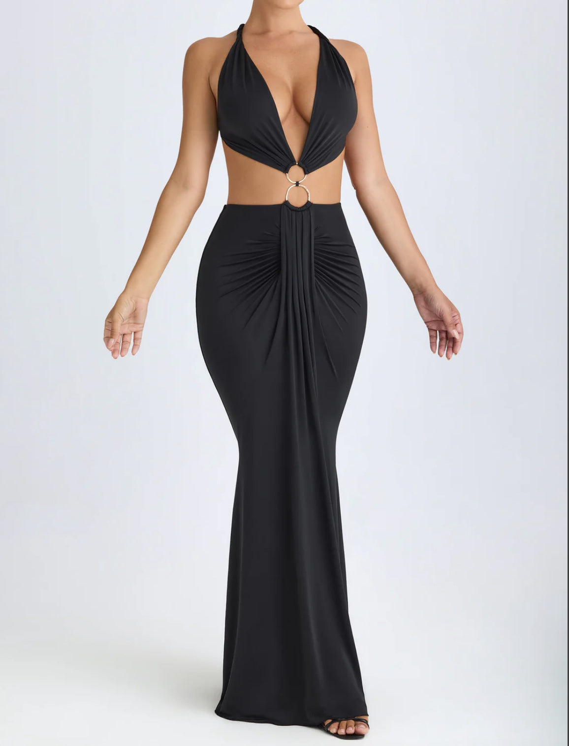 Black Halter O-Ring Cut-Out Backless Fit & Flare Maxi Party Dress