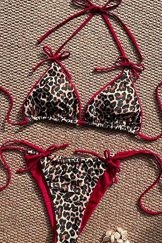 Leopard Print Red Reversible Bow Drawstring Sexy 2Pc Swimsuit Set Bikini