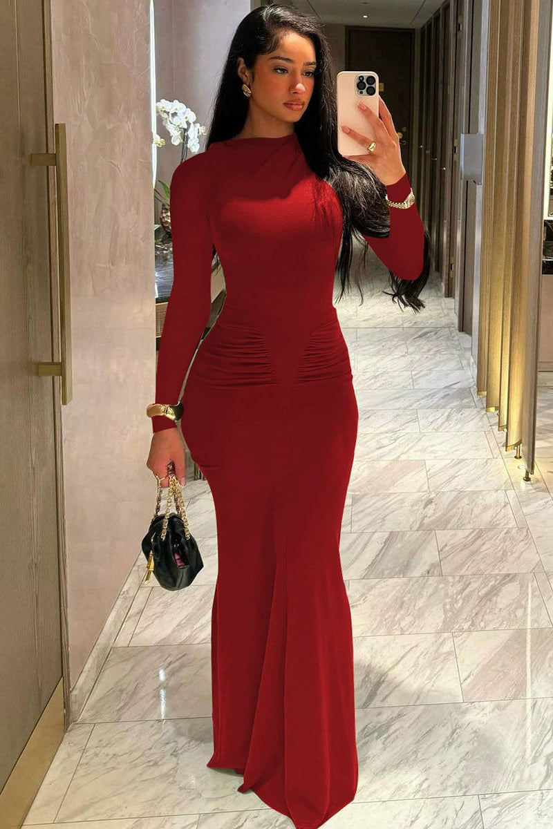 Red Long Sleeve Ruched Detail Sexy Fitted Mermaid Maxi Party Dress