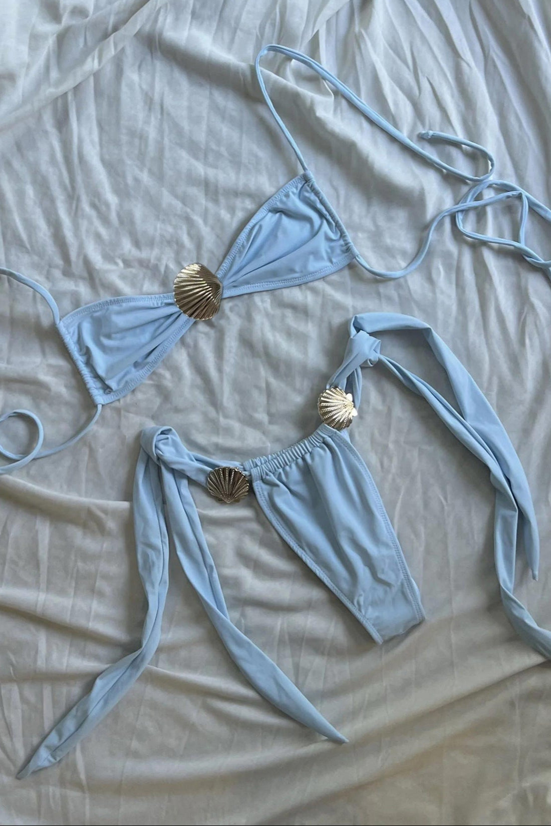 Light Blue Gold Seashell Halter Cheeky Sexy 2Pc Swimsuit Set