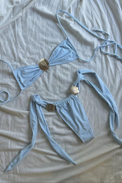 Light Blue Gold Seashell Halter Cheeky Sexy 2Pc Swimsuit Set