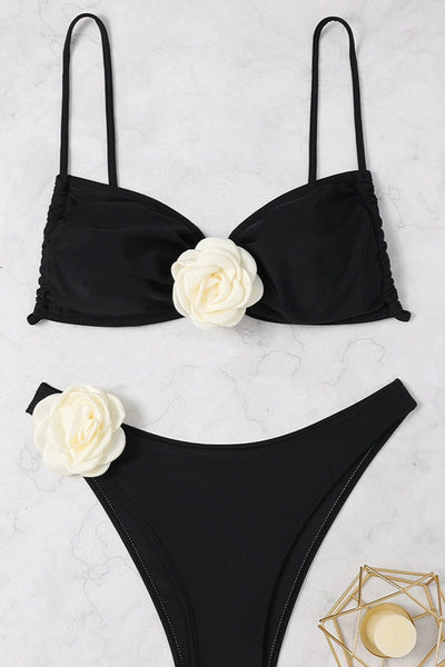 Black Strappy White 3D Flower Rosette Cheeky Bottom Sexy 2Pc Swimsuit