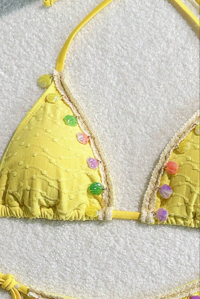 Yellow Rainbow Sea Shell Charm Sexy 2Pc Swimsuit Set Bikini