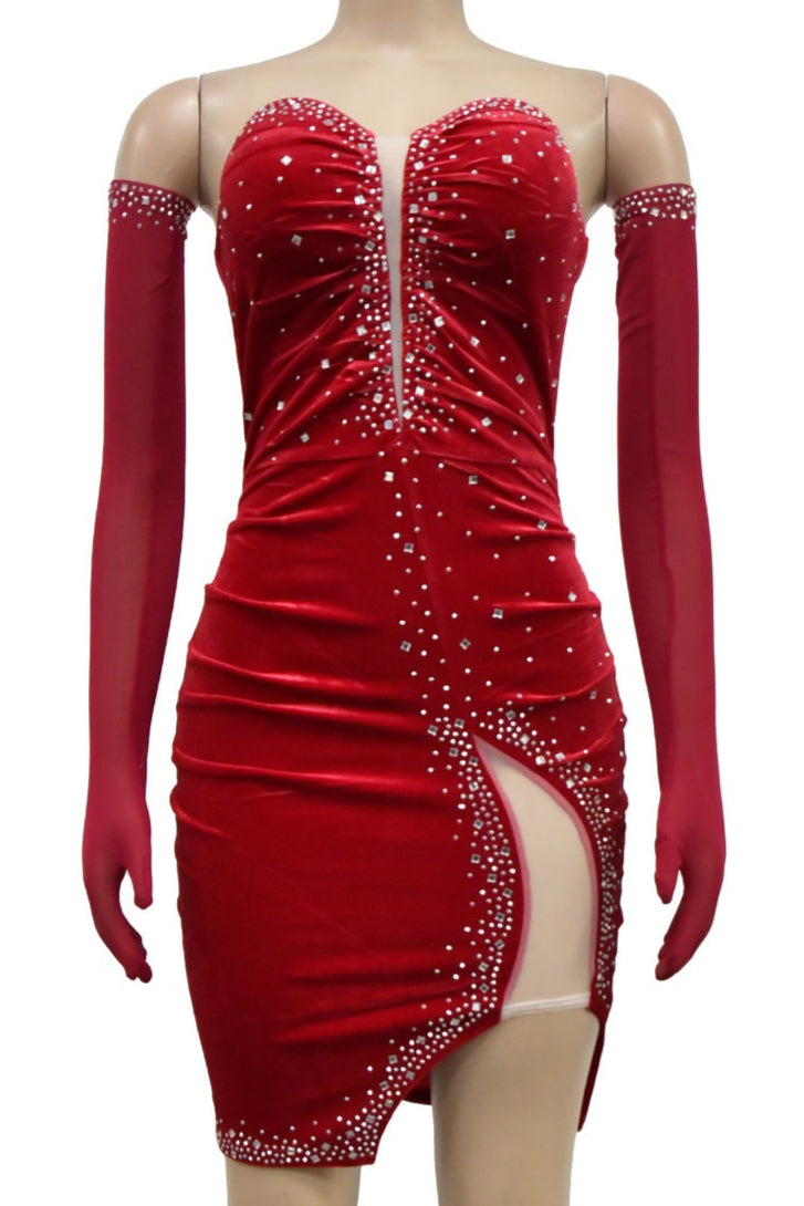 Red Velvet Rhinestone Mesh Strapless Dress Gloves Sexy 3Pc Party Outfit