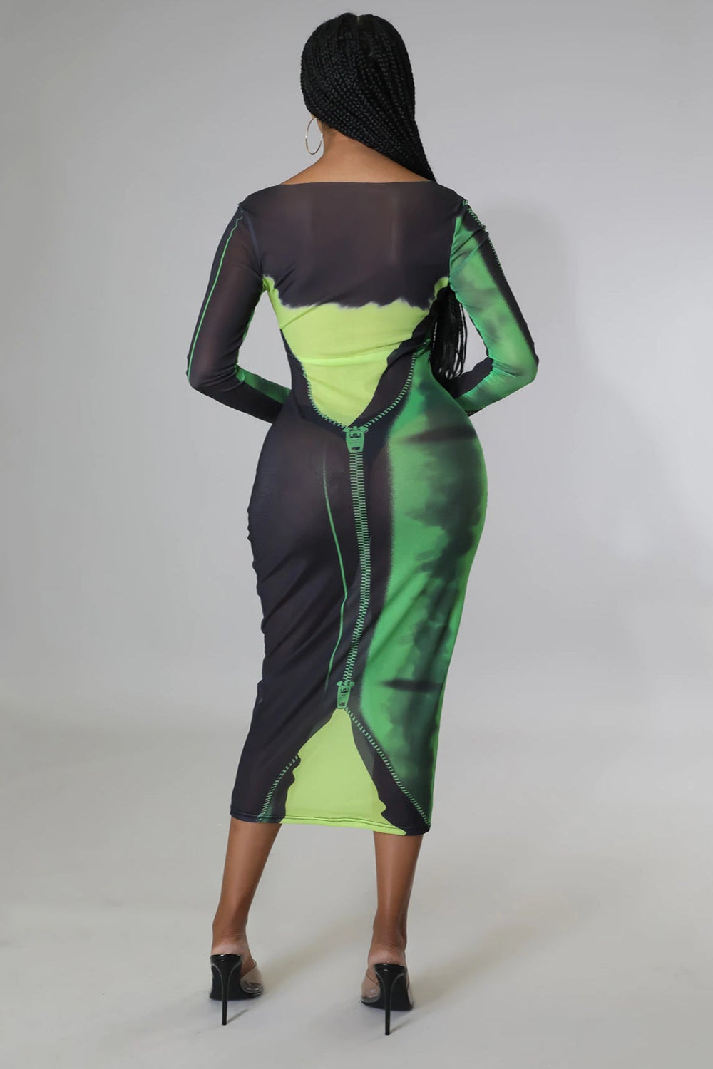 Green Black Mesh Zipper Print Sexy Fitted Midi Dress