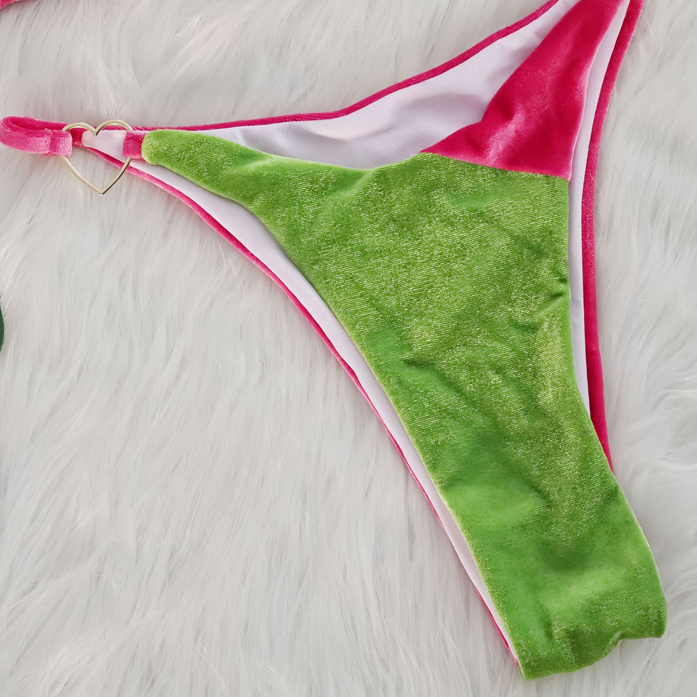 Pink Green Velvet Heart Ring Cheeky Ultra Sexy 2Pc Swimsuit Set Micro Bikini