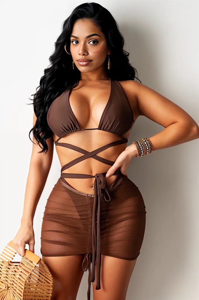 Brown Sleeveless Strappy Wrap Around Ruched Mesh Cover Up Three Piece Dress