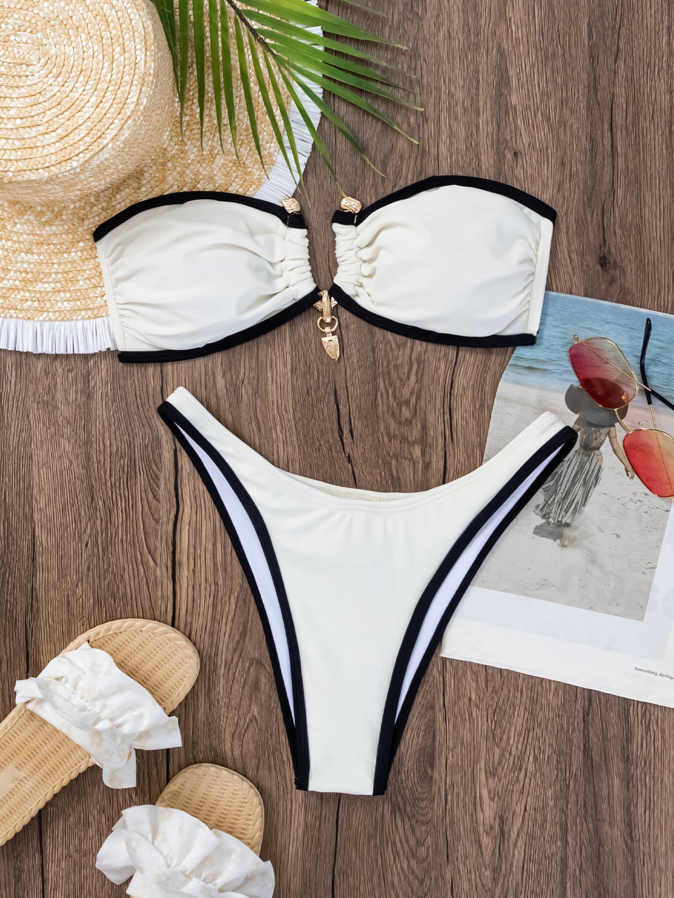 Off White Black Gold Designer Decor High Waist Cheeky Sexy 2Pc Swimsuit Set