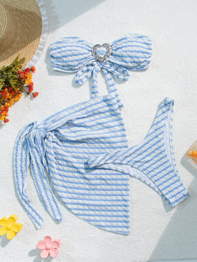 Blue White Stripe Textured Silver Heart Buckle Bandeau Cover-Up 3Pc Swimsuit Set