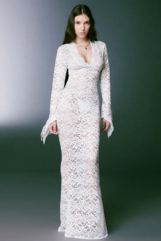 White Lace V-Neck Flare Sleeve Sexy Full Length Maxi Dress