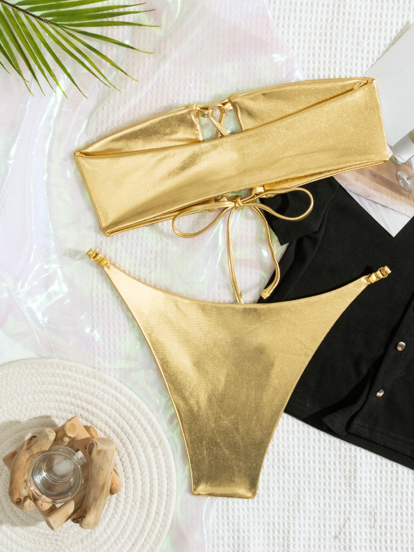 Gold Metallic Cut-Out Strappy Bandeau Cheeky Sexy 2Pc Swimsuit Set