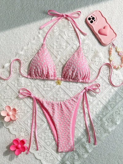 Light Pink Flower Textured Gold Charm Sexy 2Pc Swimsuit Set Bikini