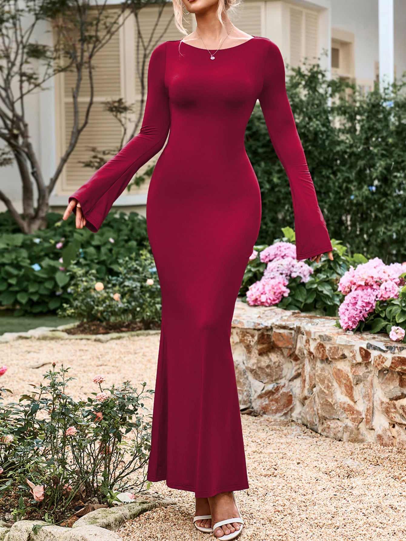 Wine Long Bell Sleeves Fitted Flare Fleece Long Maxi Party Dress