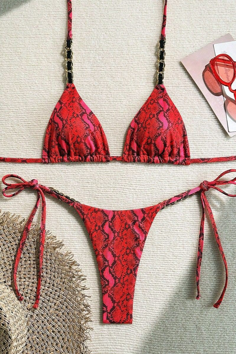 Red Snake Print Chain Thong Sexy 2Pc Swimsuit Set Bikini