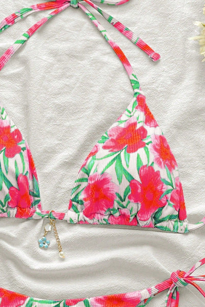 Hot Pink Floral Print Ribbed Flower Charm Sexy 2Pc Swimsuit Set Bikini