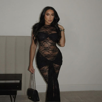 Black Lace Wrap Sexy Maxi Mermaid Party Dress