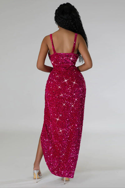 Hot Pink Sequin  V-Neck High Slit Sexy Party Dress