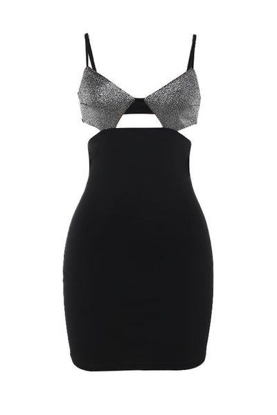 Black Sleeveless Silver Sequin Cut-Out Sexy Fitted Party Dress