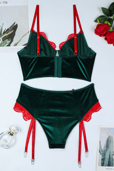 Green Velvet Red Lace Bows Bra Boy Shorts Garters Sexy 2Pc Holiday Lingerie Elf Costume