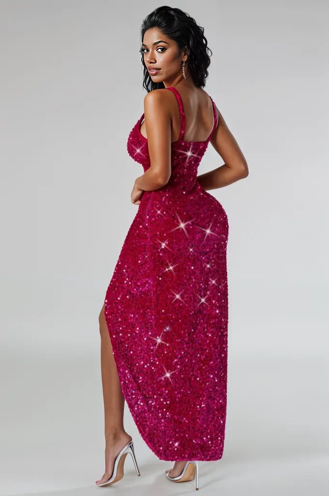 Hot Pink Sequin  V-Neck High Slit Sexy Party Dress