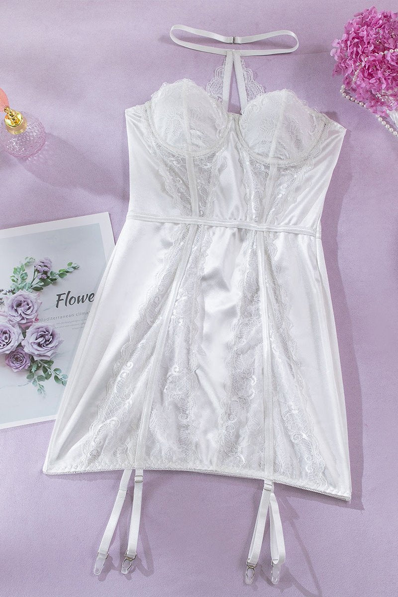 White Satin Lace Boned Choker Corset Sexy Garter Lingerie Dress –  AMIClubwear