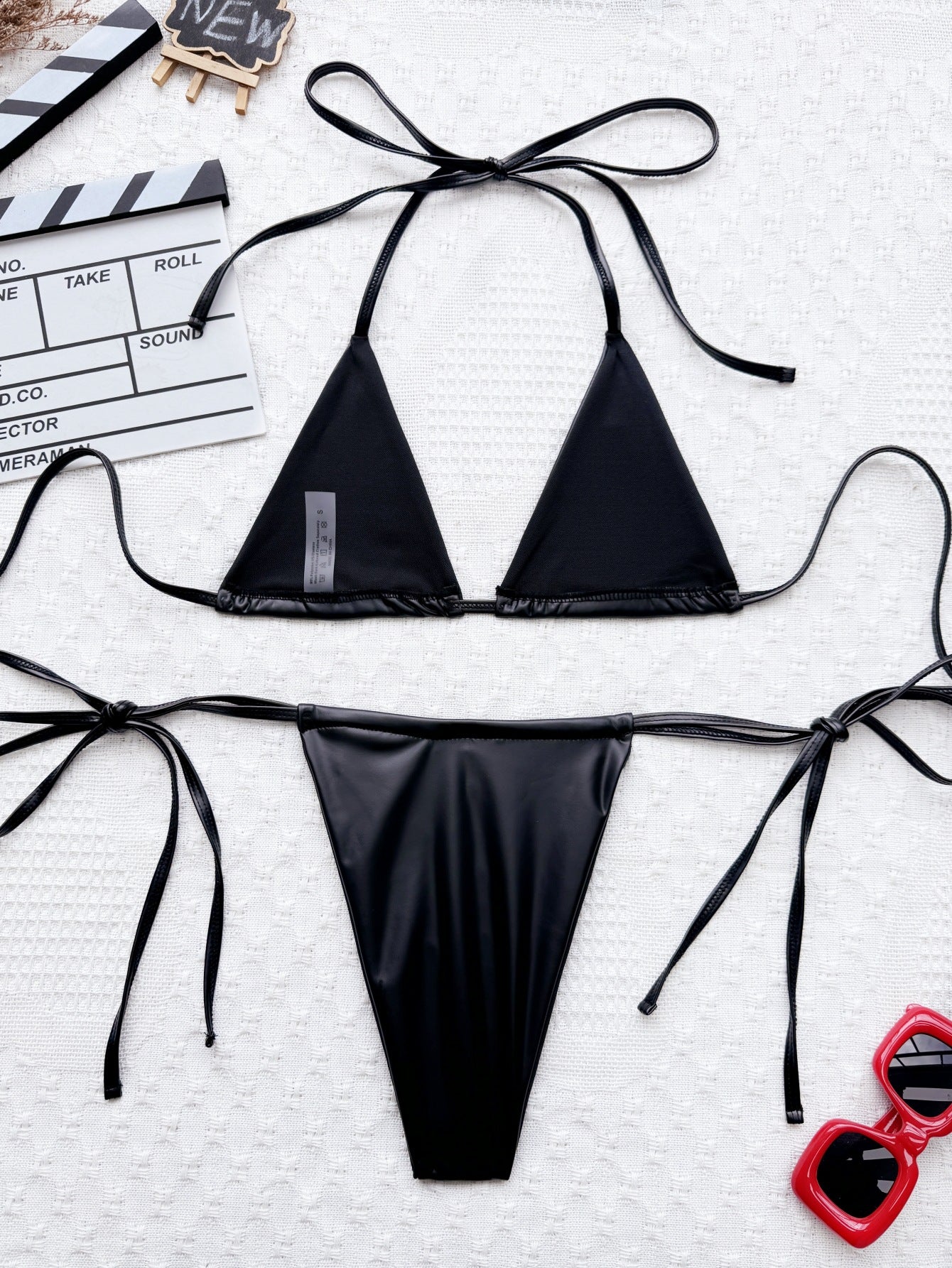 Black Faux Leather Micro Cheeky Sexy 2Pc Swimsuit Set Bikini