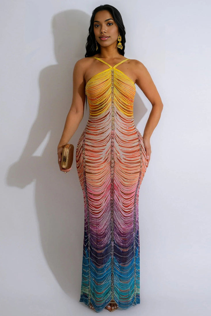 Rainbow Rhinestone Cascade Layers Mesh Sexy Halter Maxi Party Dress