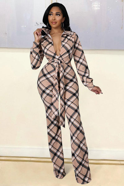 Beige Plaid Long Sleeve Flare Leg Bottoms Sexy Wrap Jumpsuit - AMIClubwear