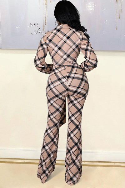 Beige Plaid Long Sleeve Flare Leg Bottoms Sexy Wrap Jumpsuit - AMIClubwear