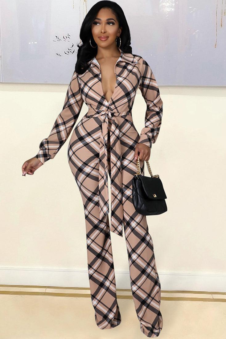 Beige Plaid Long Sleeve Flare Leg Bottoms Sexy Wrap Jumpsuit - AMIClubwear