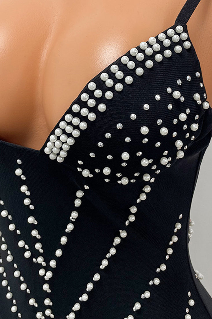 Black Rhinestone Pearl Push-Up Cup Sexy Fitted Party Dress