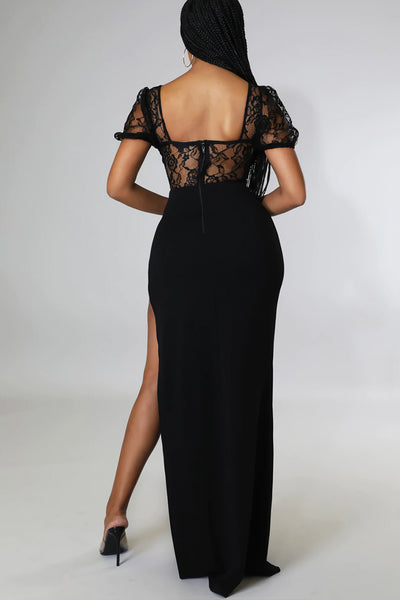 Black Lace Boned Short Sleeves Off The Shoulder Slit Maxi Party Dress