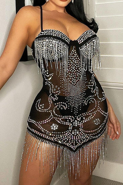 Black Mesh Rhinestone Fringe Sexy Party Dress - AMIClubwear