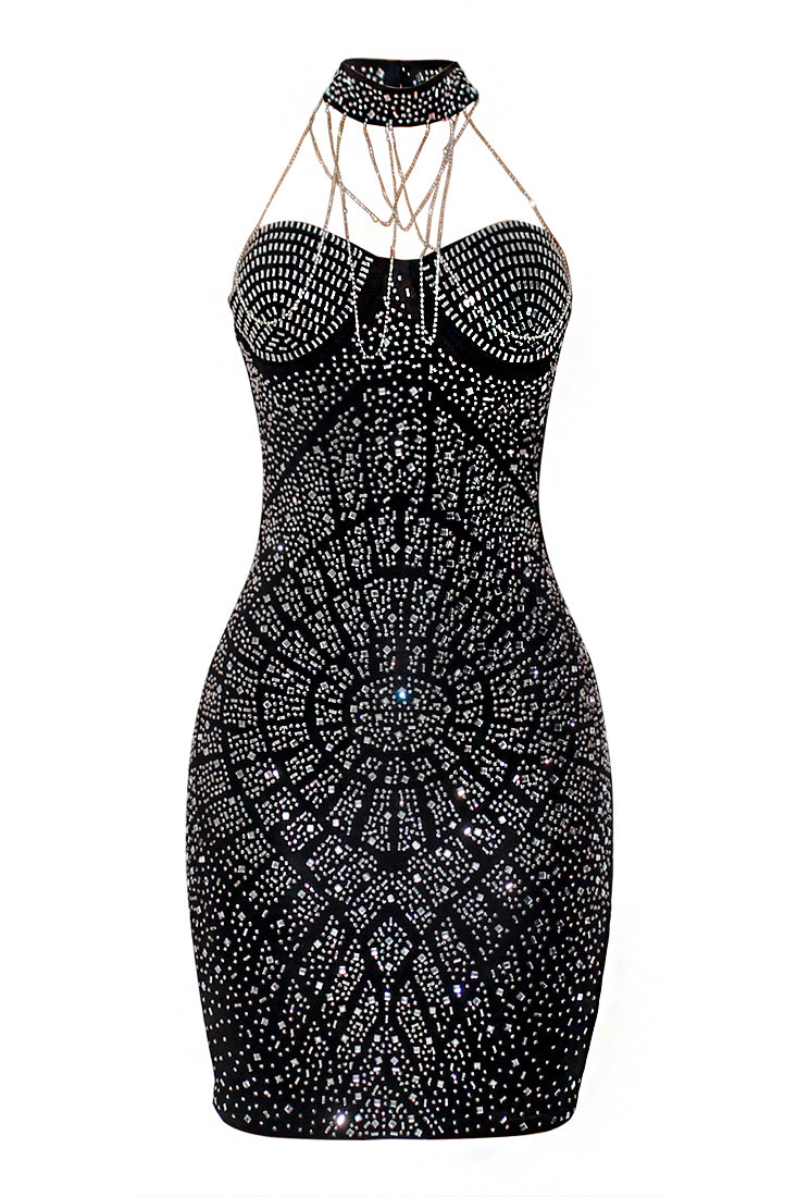 Black Sparkly Rhinestones High Neck Bling Chain Sexy Party Dress