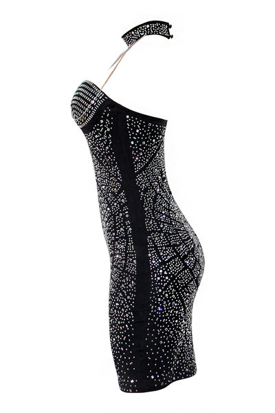 Black Sparkly Rhinestones High Neck Bling Chain Sexy Party Dress