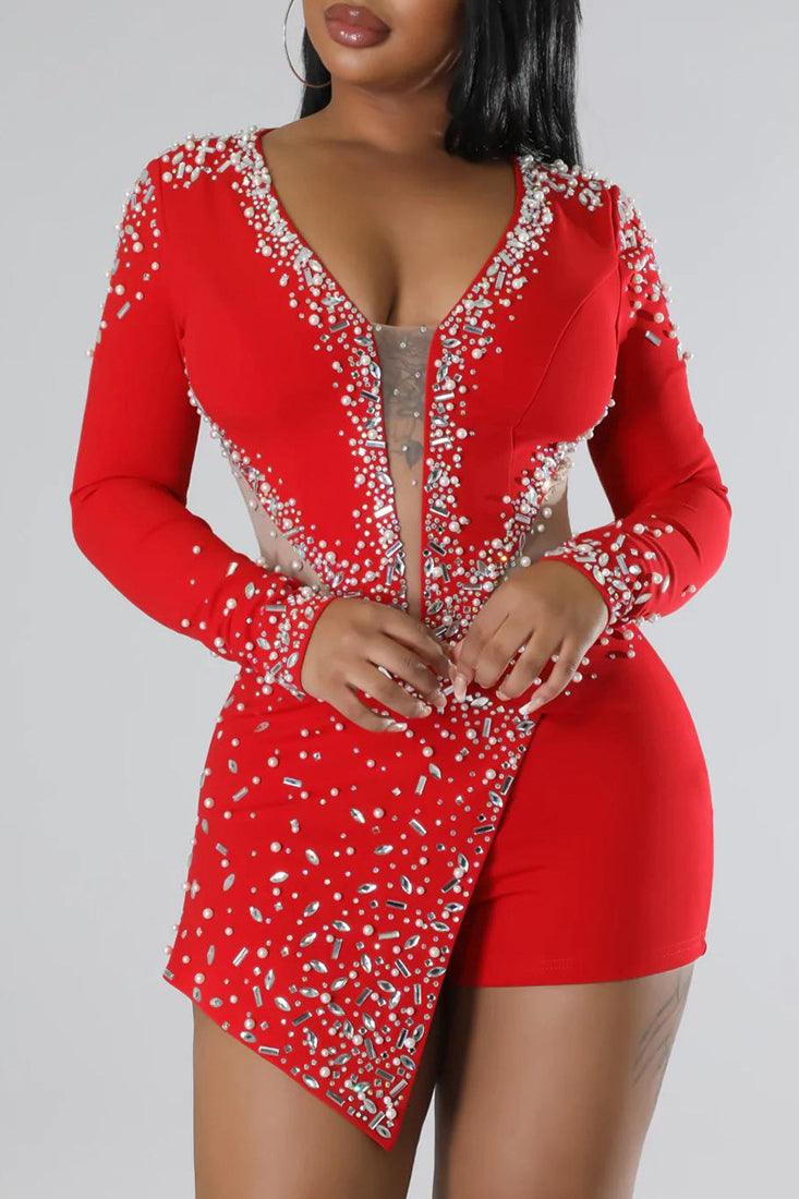 Red Silver Rhinestones Nude Mesh Romper Sexy Party Outfit - AMIClubwear