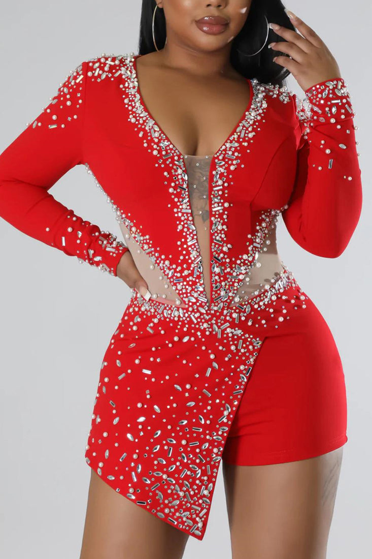 Red Silver Rhinestones Nude Mesh Romper Sexy Party Outfit