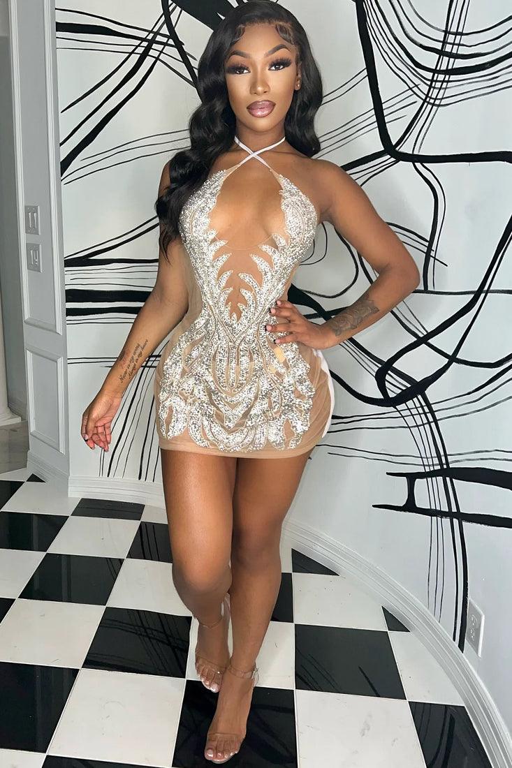 Beige Mesh Silver Rhinestone Halter Backless Sexy Party Dress - AMIClubwear