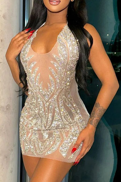 Beige Mesh Silver Rhinestone Halter Backless Sexy Party Dress