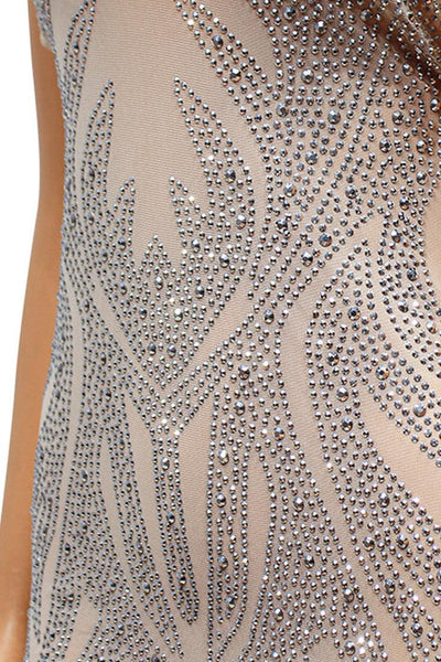 Beige Mesh Silver Rhinestone Halter Backless Sexy Party Dress - AMIClubwear