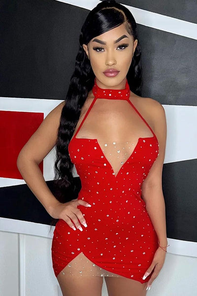 Red Silver Rhinestones Mesh Halter Cut-Out Slit Sexy Party Dress - AMIClubwear