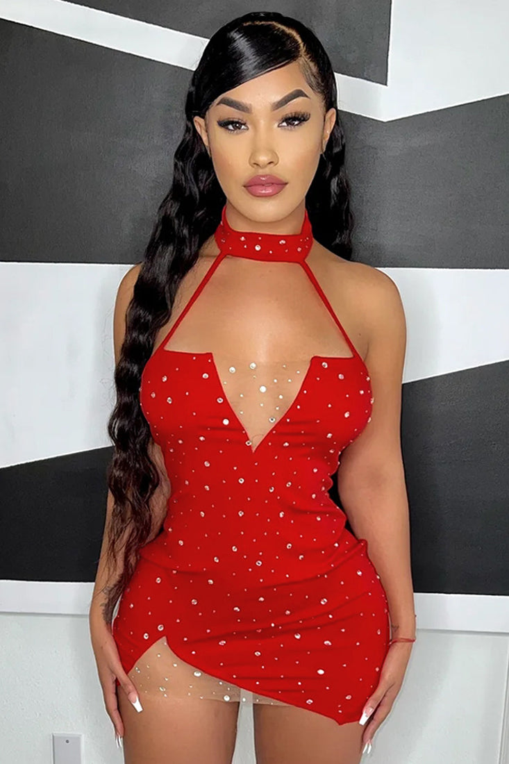 Red Silver Rhinestones Mesh Halter Cut-Out Slit Sexy Party Dress